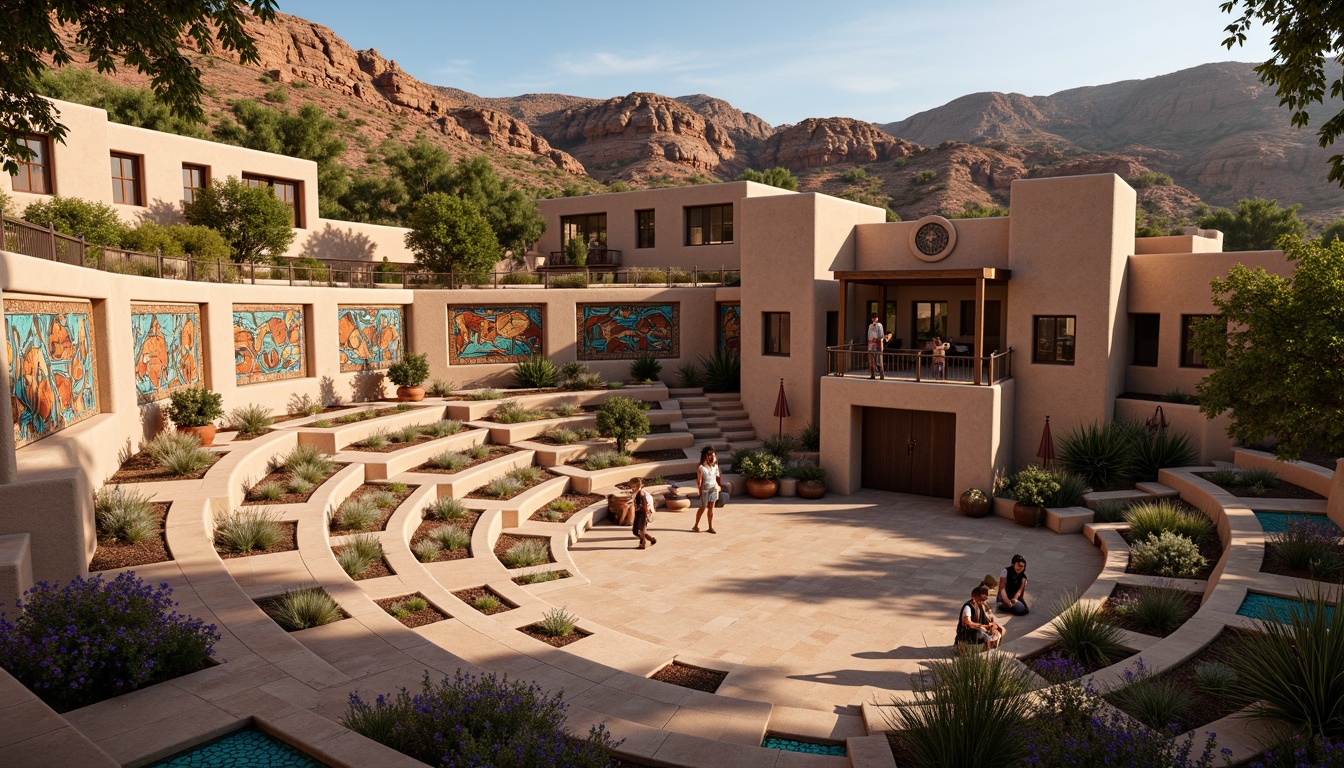 Prompt: Southwestern amphitheater, tiered seating, rustic stone walls, turquoise accents, vibrant Native American patterns, woven textiles, earthy tones, natural rock formations, desert flora, cacti, succulents, warm sandy colors, adobe-inspired architecture, ornate metalwork, colorful tiling, intricate pottery, geometric motifs, ambient warm lighting, dramatic shadows, 1/2 composition, cinematic view, realistic textures, atmospheric effects.