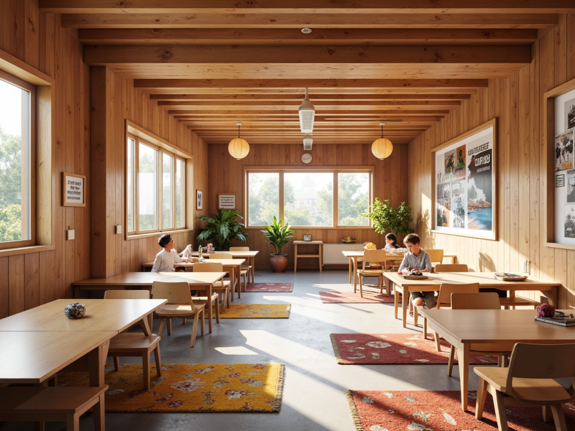 Prompt: Vibrant Asian-inspired middle school, wooden accents, natural materials, minimal ornamentation, functional simplicity, ergonomic chairs, curved desks, collaborative learning spaces, colorful floor mats, motivational quotes, traditional Chinese lanterns, cultural patterned rugs, soft warm lighting, shallow depth of field, 1/1 composition, realistic textures, ambient occlusion.