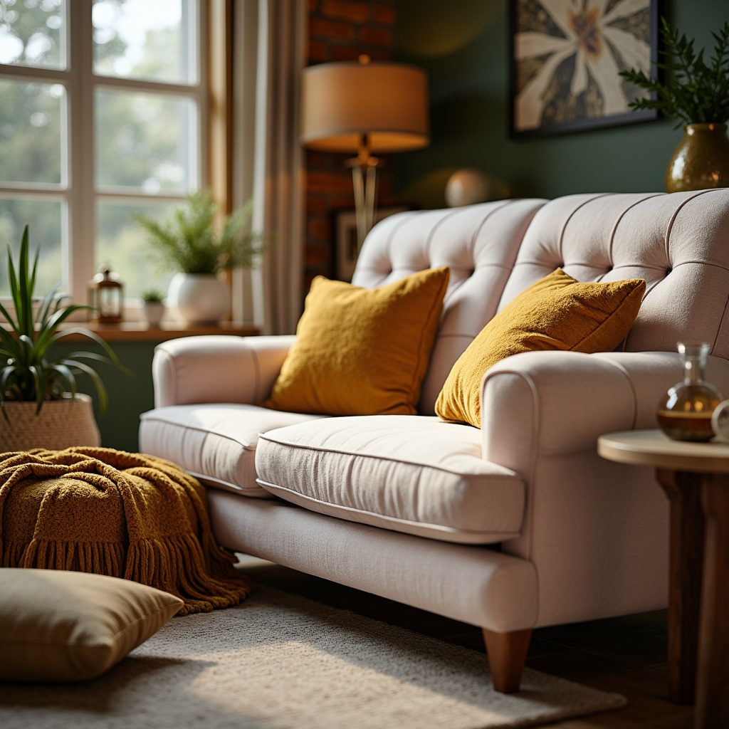 Prompt: Luxurious living room, plush velvet sofa, soft pastel colors, golden accent pillows, tufted upholstery, rolled arms, sturdy wooden legs, cozy throw blankets, ambient warm lighting, 1/1 composition, shallow depth of field, realistic textures, subtle shadows.