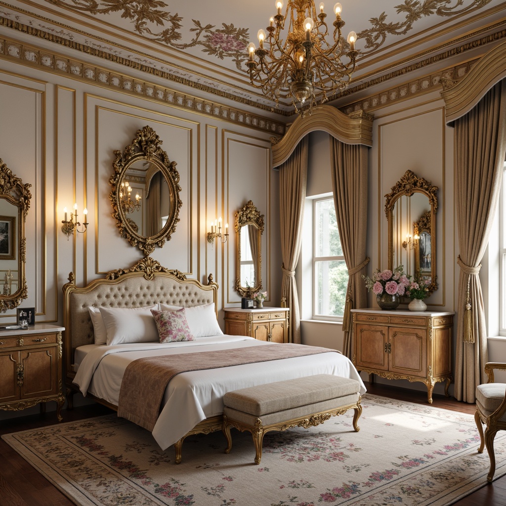 Prompt: Luxurious bedroom, ornate furnishings, gilded mirrors, velvet upholstery, curved lines, floral patterns, soft pastel hues, delicate carvings, intricate moldings, crystal chandeliers, tufted headboards, marble tops, cabriole legs, carved wood panels, Rococo-inspired ornaments, lavish textiles, golden accents, soft warm lighting, shallow depth of field, 1/1 composition, intimate atmosphere.