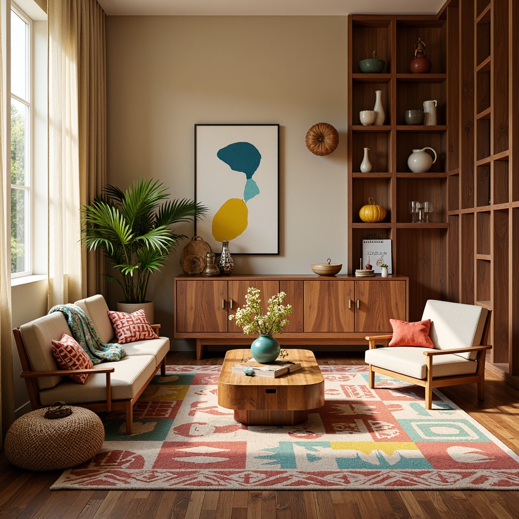 Prompt: Retro-inspired living room, warm earthy tones, rich walnut wood accents, geometric patterned rugs, vintage decorative accessories, statement lighting fixtures, natural textiles, organic shapes, bold graphic prints, pops of bright coral, sunny yellow, and turquoise, soft creamy whites, warm beige backgrounds, 3/4 composition, shallow depth of field, realistic textures, ambient occlusion.