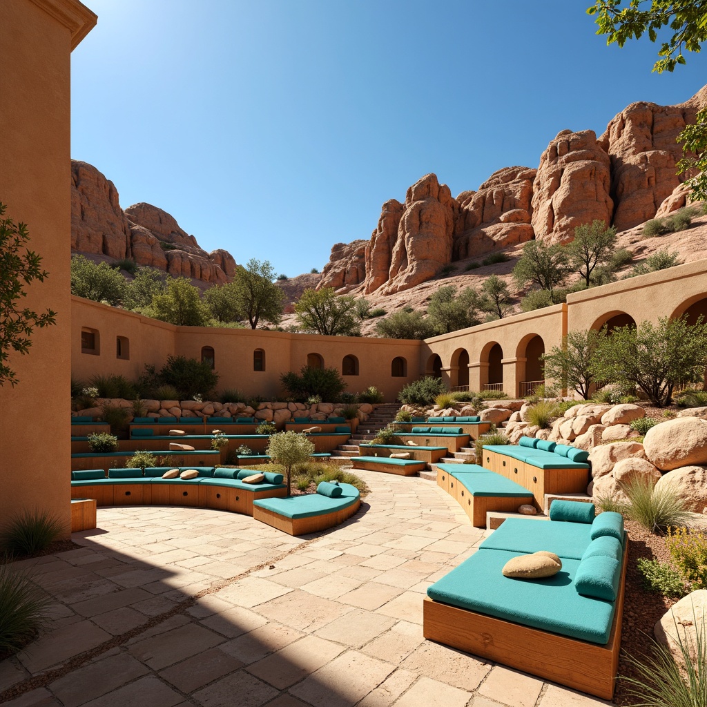 Prompt: Southwestern amphitheater, tiered seating, vibrant turquoise accents, rustic wooden benches, comfortable cushions, warm beige stonework, natural rock formations, desert flora, cacti, sandy terrain, clear blue sky, sunny day, soft warm lighting, dramatic shadows, 3/4 composition, panoramic view, realistic textures, ambient occlusion.