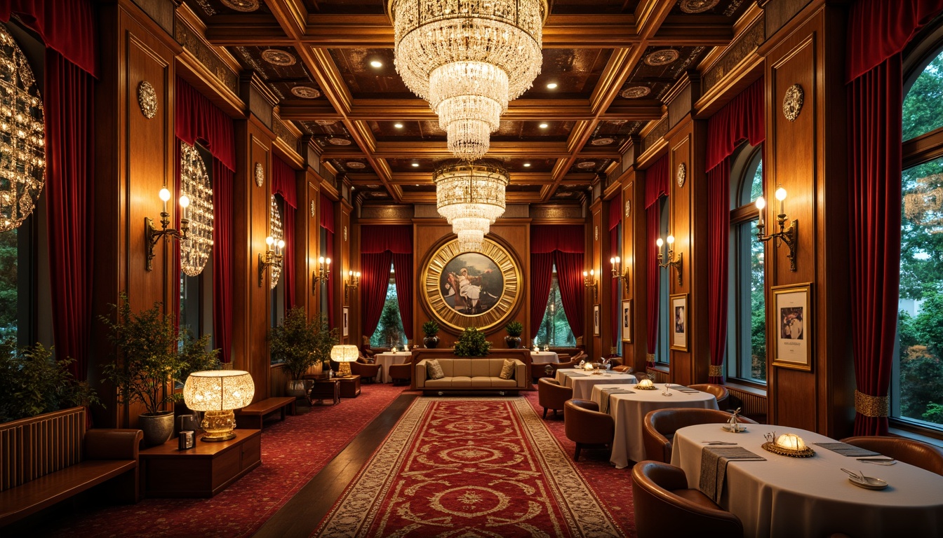 Prompt: Luxurious Art Deco interior, ornate chandeliers, crystal droplets, geometric metalwork, polished chrome accents, velvet drapes, rich wood paneling, metallic leaf patterns, opulent furnishings, lavish textiles, circular motifs, sunburst designs, bold color schemes, dramatic shadows, warm golden lighting, soft focus, 1/2 composition, ornate picture frames, vintage posters, antique artifacts.