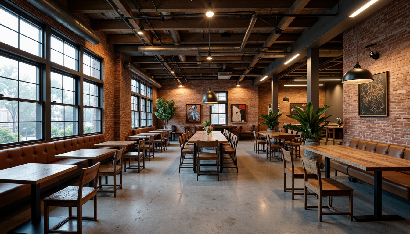 Prompt: Exposed brick walls, metal beams, reclaimed wood accents, industrial-style lighting fixtures, metal shades, Edison bulbs, pendant lights, rustic wooden tables, vintage factory chairs, distressed leather sofas, urban loft atmosphere, warm ambient glow, high ceilings, concrete floors, metallic tones, minimalist decor, functional simplicity, open floor plan, airy feel, natural light pouring in, subtle shadows, 3/4 composition, realistic textures.