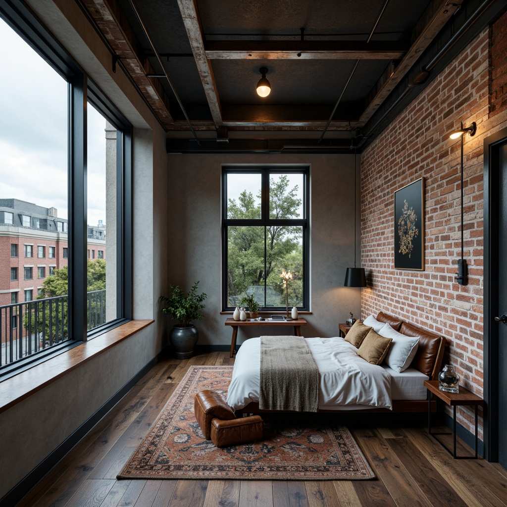 Prompt: Industrial bedroom, exposed brick walls, metal beams, reclaimed wood flooring, distressed finishes, urban loft atmosphere, functional minimalist decor, monochromatic color scheme, dark blue-grey tones, warm beige accents, rich brown leather, industrial-style lighting fixtures, metal shades, Edison bulbs, concrete textures, urban cityscape views, cloudy day, soft diffused lighting, shallow depth of field, 2/3 composition, realistic materials, subtle ambient occlusion.