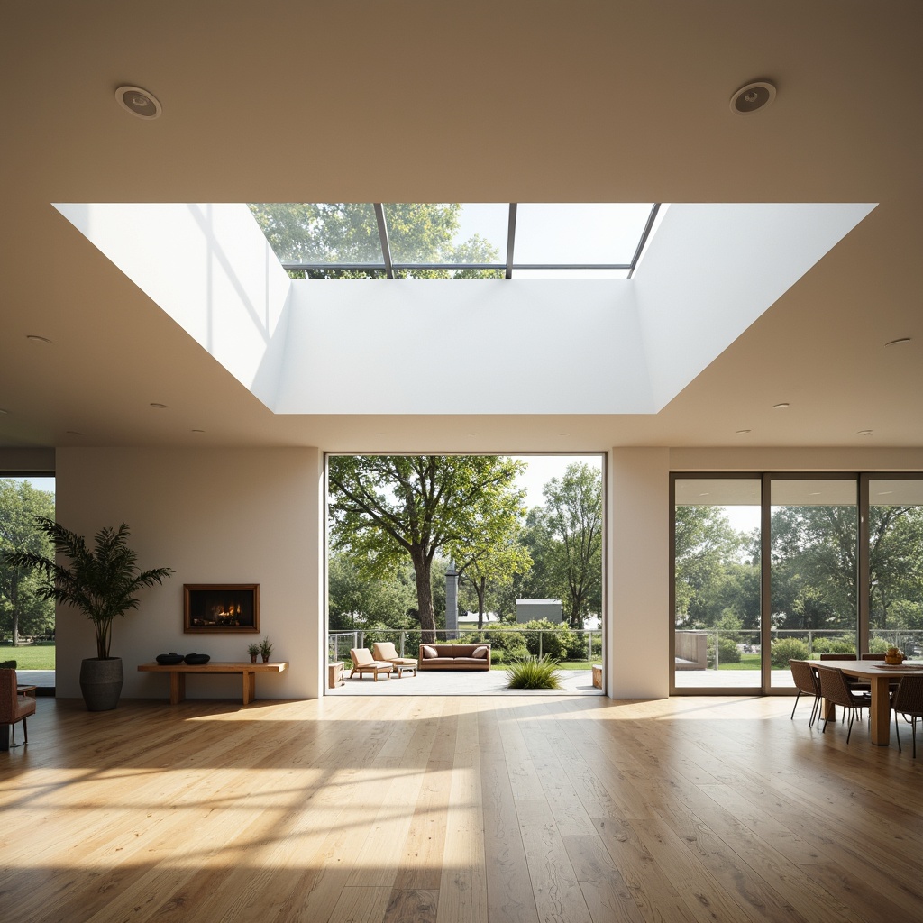 Prompt: Minimalist interior, large windows, floor-to-ceiling glazing, sliding glass doors, transparent roofing, clerestory windows, skylights, open-plan living areas, reflective surfaces, light-colored walls, polished wooden floors, minimal obstructions, airy atmosphere, abundant natural light, soft warm illumination, subtle shadows, 1/1 composition, symmetrical framing, shallow depth of field, realistic textures, ambient occlusion.