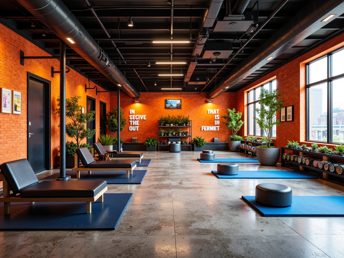 Prompt: Vibrant fitness studio, bold industrial accents, exposed brick walls, metallic equipment, neon-colored weights, energetic orange tones, deep blue mats, motivational quotes, modern LED lighting, high-contrast color scheme, dynamic geometric patterns, textured concrete floors, reclaimed wood accents, invigorating citrus scents, refreshing greenery, floor-to-ceiling windows, natural daylight, panoramic city views, urban loft atmosphere.