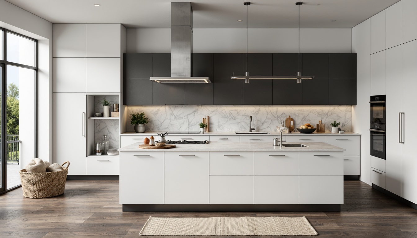 Prompt: Monochromatic kitchen interior, sleek Bauhaus cabinets, minimalist marble countertops, industrial-style metal lighting fixtures, geometric-shaped cooking island, functional stainless steel appliances, Scandinavian-inspired wooden flooring, natural stone backsplashes, ample storage spaces, soft diffused lighting, shallow depth of field, 3/4 composition, realistic textures, ambient occlusion.