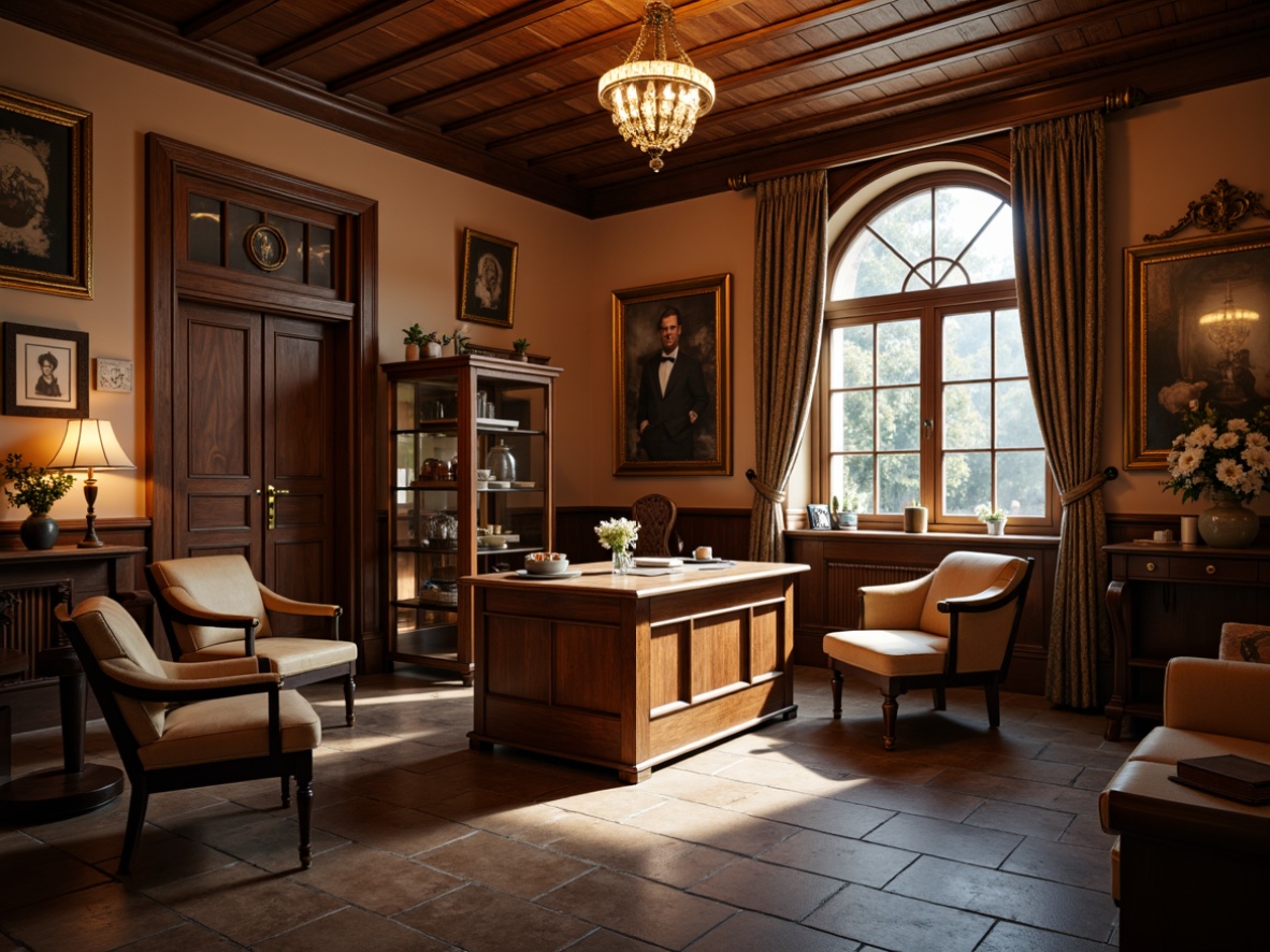 Prompt: Warm traditional office, wooden furniture, leather chairs, classic desks, rich wood tones, elegant chandeliers, soft warm lighting, subtle shadows, cozy atmosphere, comfortable workspaces, natural stone floors, earthy color palette, vintage decorative items, ornate mirrors, sophisticated textures, shallow depth of field, 1/2 composition, realistic rendering, ambient occlusion.