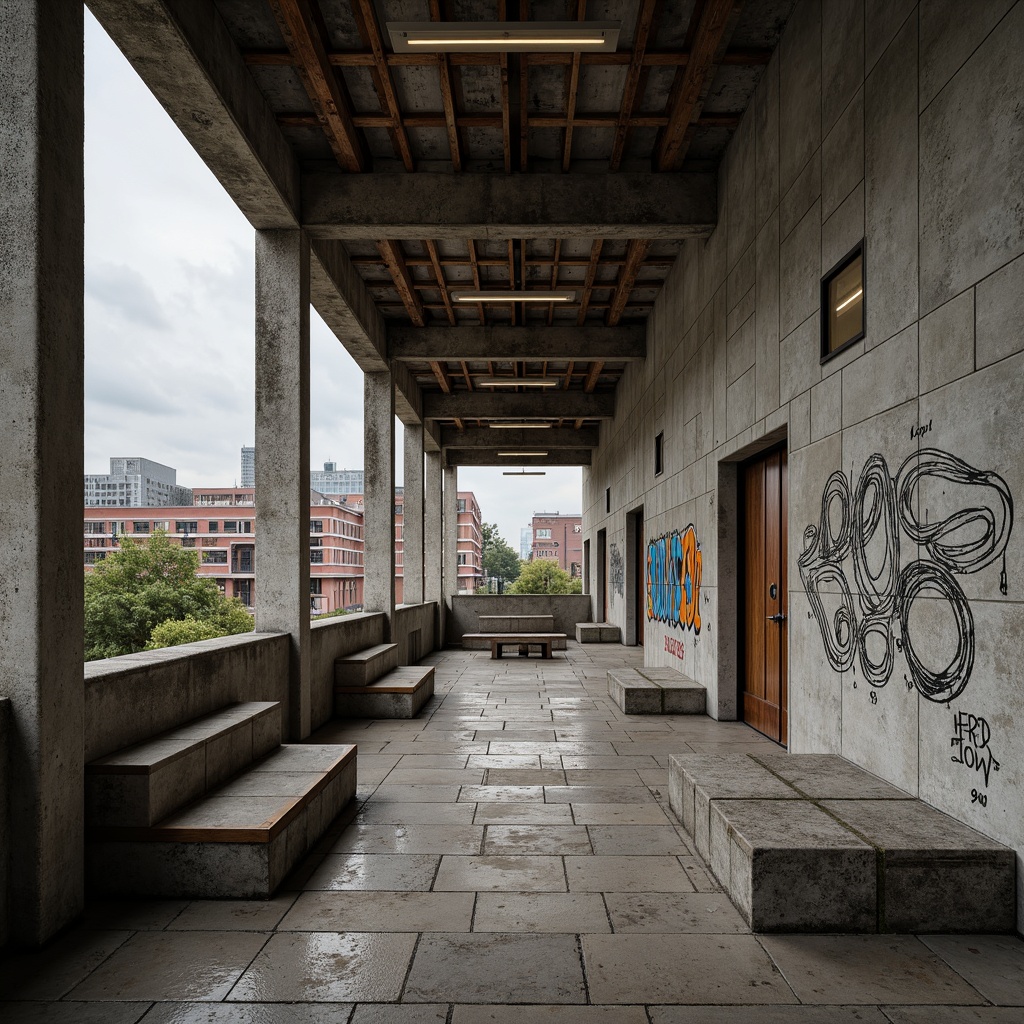 Prompt: Rugged community center, brutalist architecture, exposed concrete walls, raw steel beams, weathered wooden accents, industrial-style lighting fixtures, distressed stonework, rough-hewn stone floors, poured concrete benches, urban cityscape, overcast skies, dramatic shadows, high-contrast textures, abstract graffiti, bold geometric patterns, industrial-chic decor, minimalist color palette, gritty urban atmosphere, 1/2 composition, low-key lighting, cinematic depth of field.