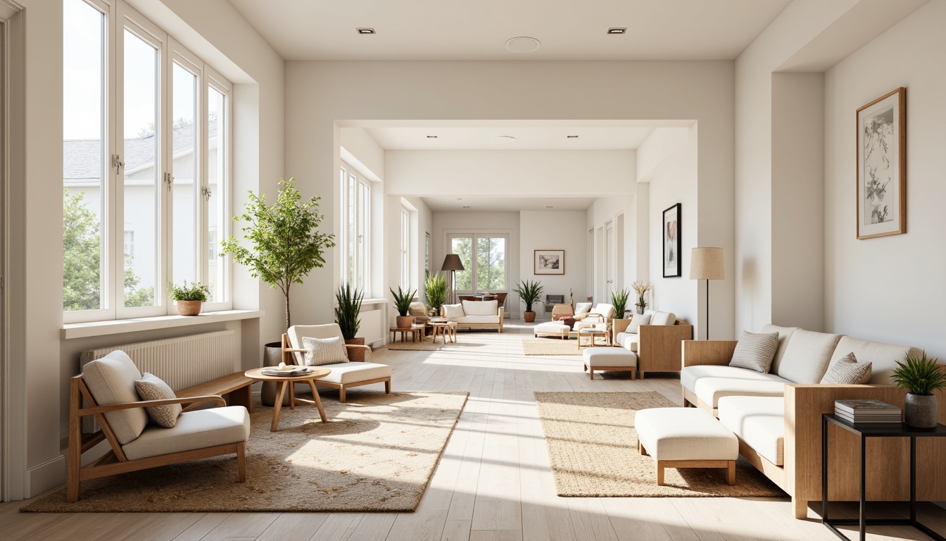 Prompt: Light-filled Scandinavian hall, minimalist decor, pale wood flooring, creamy white walls, large windows, natural light, cozy reading nook, comfortable sofas, Nordic-inspired armchairs, woven textiles, geometric patterned rugs, wooden coffee tables, industrial metal lamps, rustic wooden benches, potted greenery, soft pastel colors, warm beige tones, 3/4 composition, shallow depth of field, realistic textures.