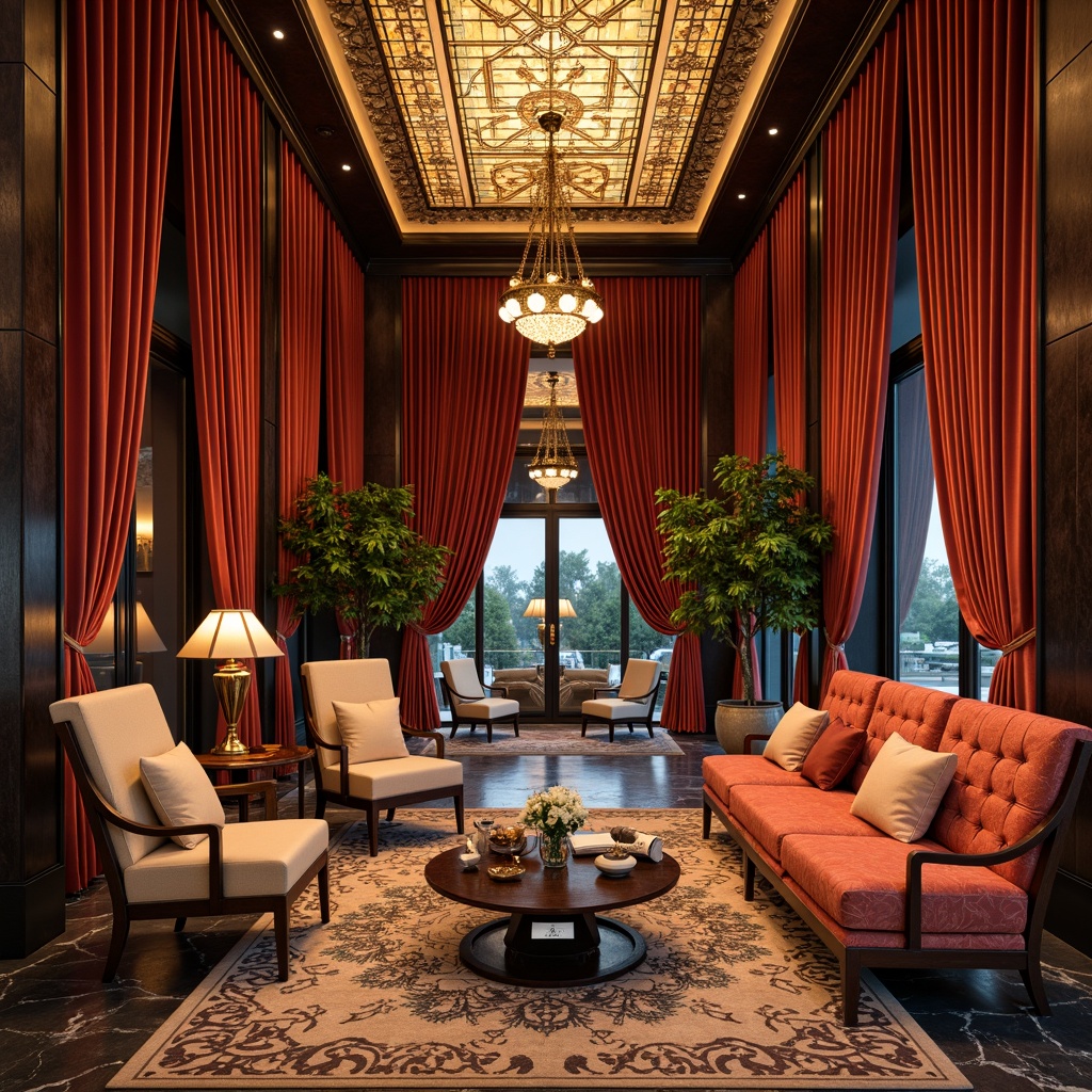 Prompt: Luxurious Art Deco villa, ornate furnishings, velvet drapes, metallic accents, geometric patterns, bold color schemes, glamorous chandeliers, marble floors, lavish upholstery, intricate mosaics, opulent textiles, silk fabrics, luxurious rugs, statement walls, dramatic lighting, 1/2 composition, shallow depth of field, warm soft focus, ornate decorations.