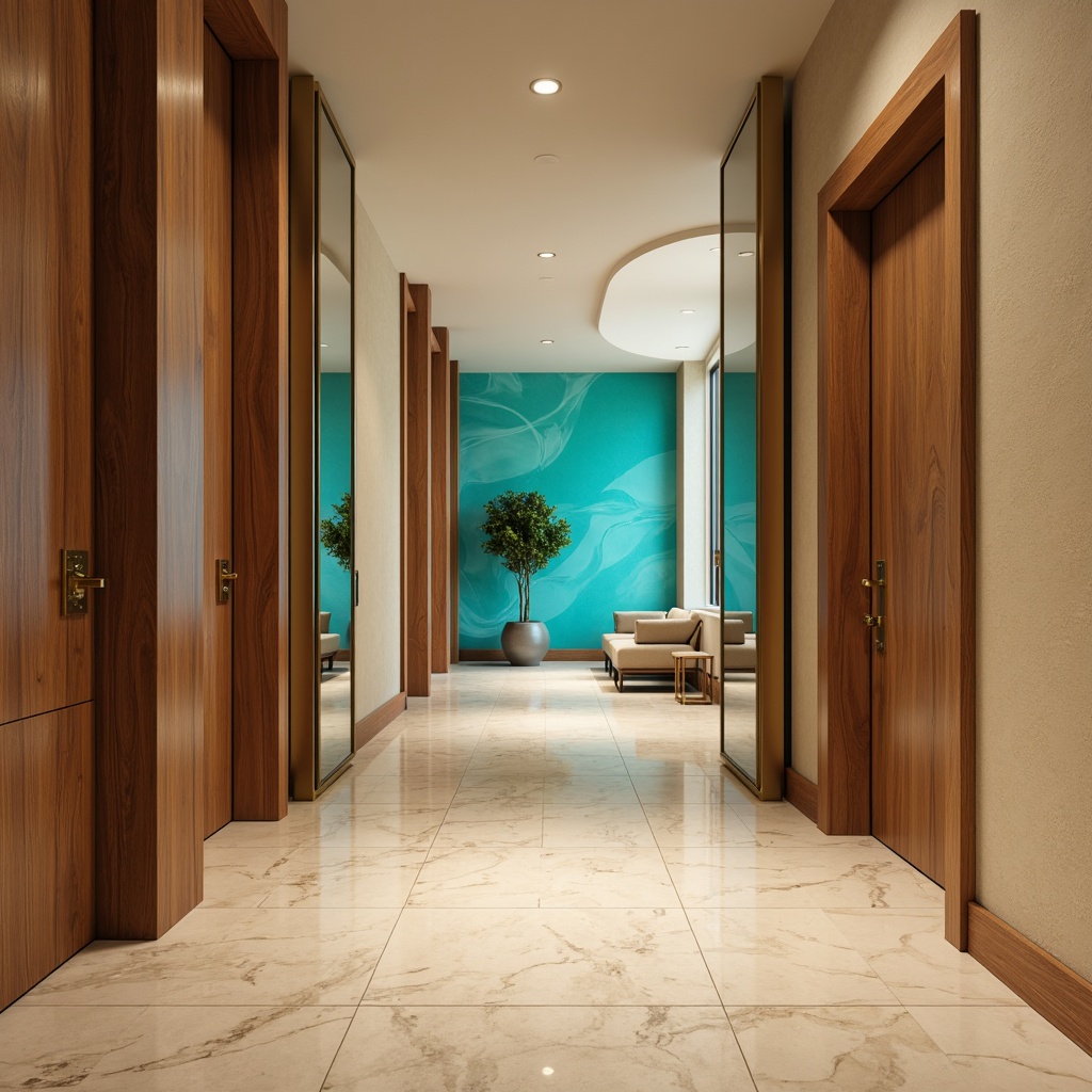 Prompt: Modern entrance hall, sleek glass doors, polished metal handles, warm beige walls, rich walnut flooring, vibrant turquoise accents, natural stone tiles, soft cream-colored ceiling, recessed LED lighting, minimalist decor, abstract geometric patterns, 3/4 composition, shallow depth of field, realistic textures, ambient occlusion.