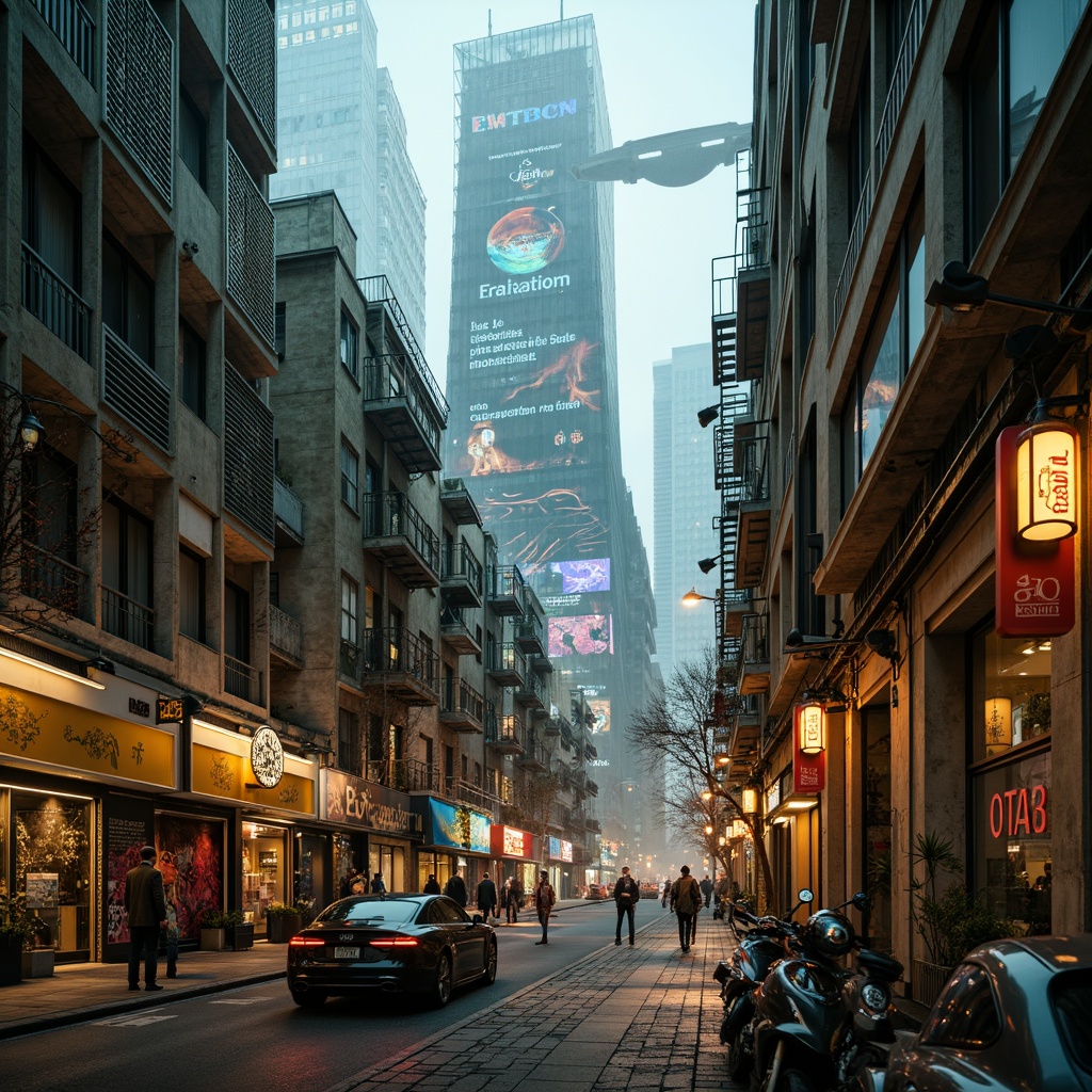 Prompt: Richly detailed futuristic cityscape, neon-lit skyscrapers, metallic surfaces, glassy reflections, holographic advertisements, sleek spacecraft designs, advanced robotics, cyberpunk alleys, worn concrete walls, rusty pipes, vibrant graffiti murals, atmospheric fog, soft golden lighting, 3/4 composition, shallow depth of field, cinematic camera angles, realistic textures, ambient occlusion.