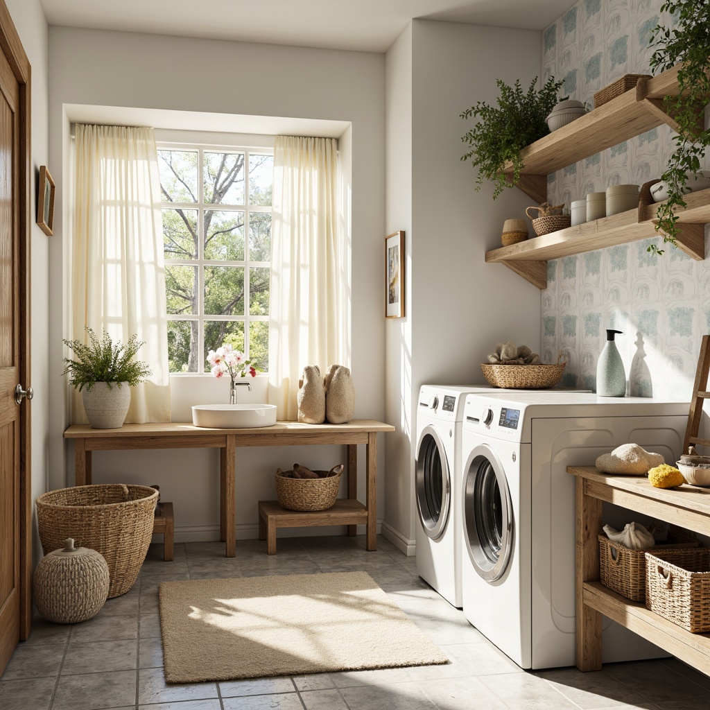 Prompt: Vibrant laundry room, soft pastel hues, calming whites, creamy beiges, gentle blues, warm yellows, rustic wooden accents, sleek metal appliances, modern minimalist design, ample natural light, airy open space, functional shelving units, decorative woven baskets, fresh flower arrangements, cozy throw blankets, warm ambient lighting, shallow depth of field, 1/1 composition, realistic textures.