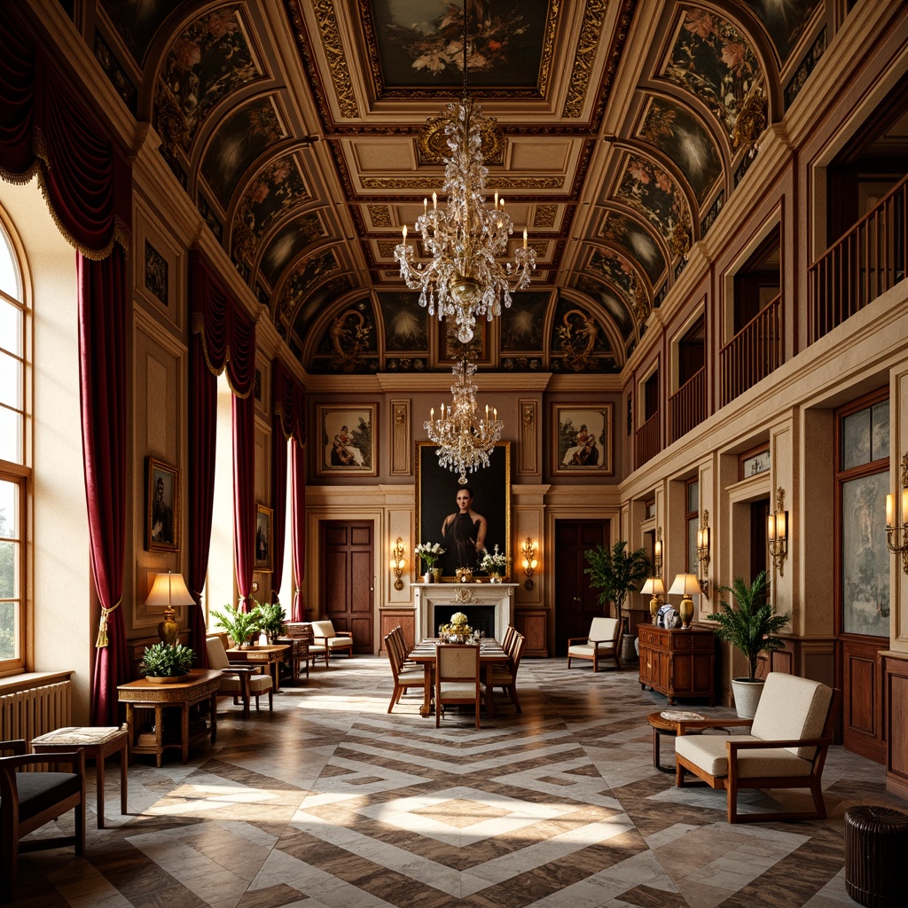 Prompt: Ornate Baroque palace, rich velvet drapes, gilded ornamental frames, intricately carved wooden furniture, lavish crystal chandeliers, opulent marble floors, dramatic vaulted ceilings, grandiose staircases, warm golden lighting, soft focus, shallow depth of field, 1/1 composition, symmetrical balance, detailed textures, ambient occlusion.