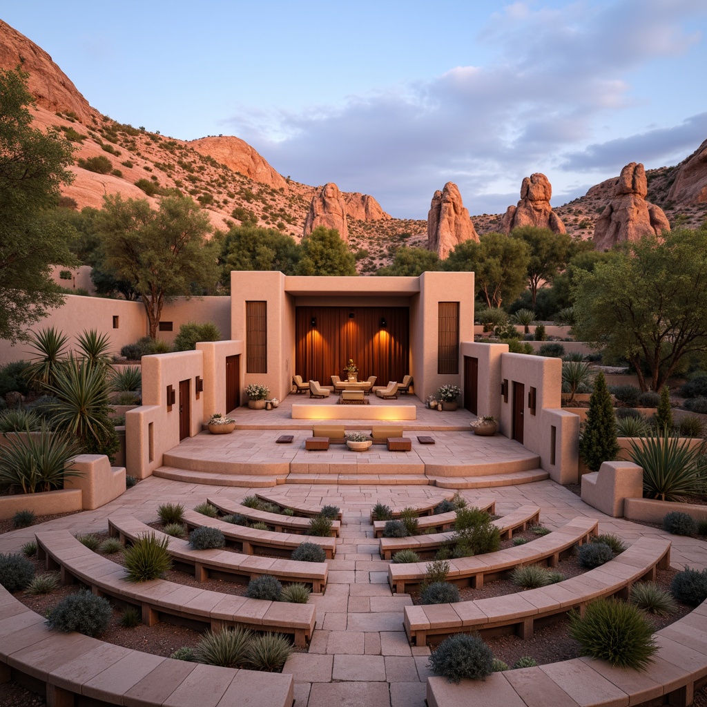 Prompt: Rustic southwestern amphitheater, natural stone seating, curved wooden benches, woven wicker accents, earthy tone color scheme, desert landscape background, cacti and succulent plants, warm sandy terrain, clear blue sky, dramatic rock formations, subtle morning light, soft shadows, 1/2 composition, shallow depth of field, realistic textures, ambient occlusion, warm acoustics, wooden stage flooring, woven fiber sound absorption panels, earthy-toned fabric drapes, subtle LED lighting, cozy atmosphere.