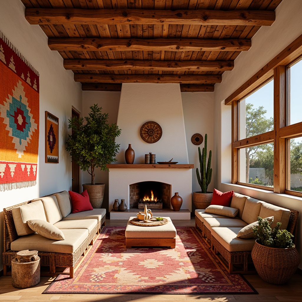 Prompt: Vibrant Southwestern-themed interior, colorful woven textiles, Aztec-inspired patterns, bold geometric shapes, natural fiber upholstery, earthy tone palette, rustic wooden accents, clay pottery decorations, cacti plants, warm desert sunlight, shallow depth of field, 3/4 composition, panoramic view, realistic textures, ambient occlusion.