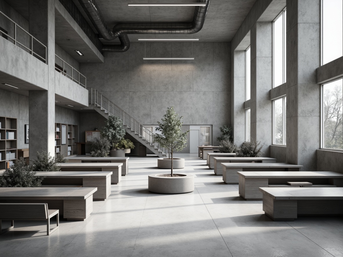 Prompt: Monochromatic high school interior, brutalist architecture, raw concrete walls, polished metal accents, industrial-style lighting fixtures, minimalist decor, sparse greenery, sleek wooden benches, geometric-shaped tables, open-plan classrooms, abundant natural light, soft shadows, subtle texture variations, 1/1 composition, atmospheric rendering, ambient occlusion.