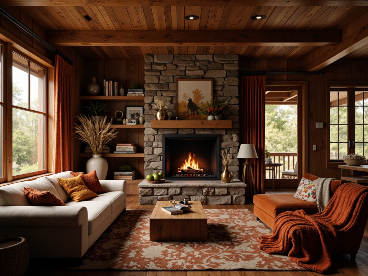 Prompt: Warm cabin atmosphere, crackling fireplace, plush throw blankets, soft velvet fabrics, earthy tone colors, natural woven fibers, chunky knit patterns, rustic wooden accents, cozy reading nooks, dim warm lighting, comfortable seating areas, nature-inspired motifs, autumnal leaf patterns, rich corduroy textures, inviting color palette, tactile fabric sensations.