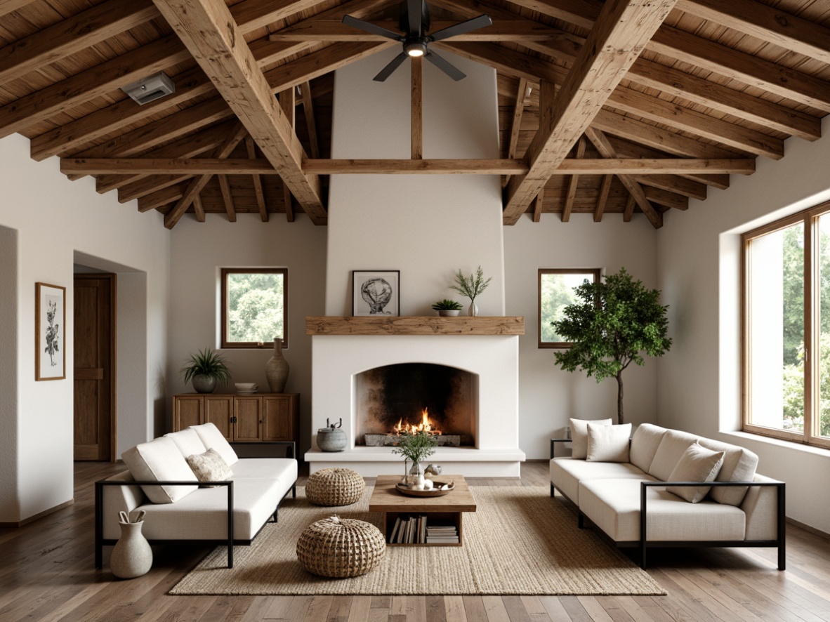 Prompt: Rustic farmhouse, exposed wooden beams, distressed wood accents, modern streamline furniture, sleek metal frames, natural linen upholstery, woven wicker baskets, vintage decorative items, earthy color palette, warm soft lighting, shallow depth of field, 1/2 composition, cozy atmosphere, realistic textures, ambient occlusion, creamy whites, weathered woods, organic shapes, eclectic ornaments, plush area rugs, natural stone fireplaces.