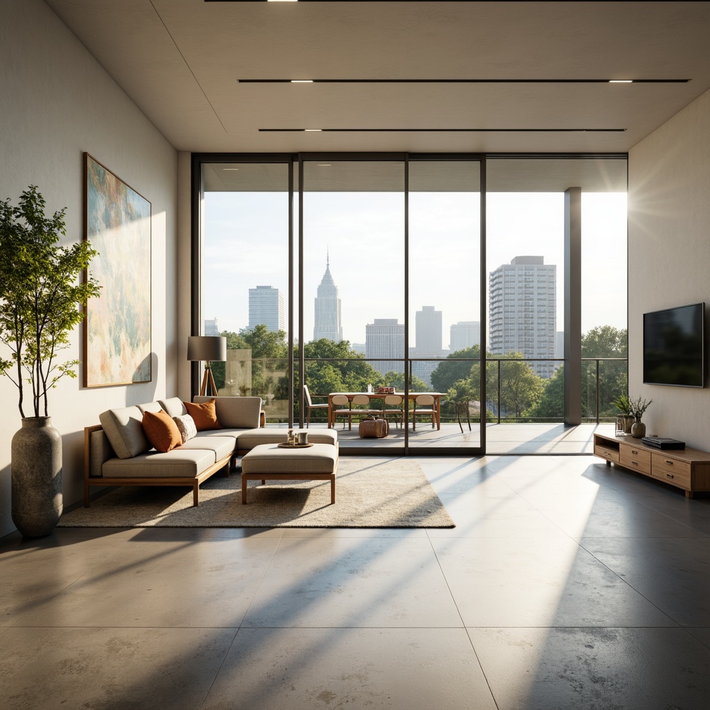 Prompt: Minimalist interior, open-plan living areas, floor-to-ceiling windows, sliding glass doors, natural light pouring in, sleek modern furniture, polished concrete floors, white walls, high ceilings, airy atmosphere, greenery views, urban landscape, city skyline, morning sunlight, soft warm lighting, shallow depth of field, 3/4 composition, panoramic view, realistic textures, ambient occlusion.