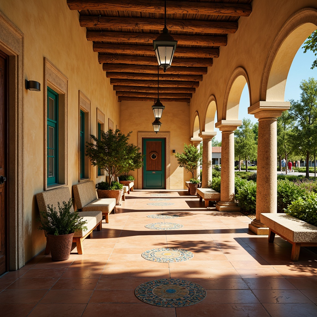 Prompt: Vibrant Mediterranean metro station, warm beige walls, soft turquoise accents, rich terracotta floors, decorative ceramic tiles, ornate metalwork, earthy brown columns, lush greenery, natural stone benches, warm LED lighting, shallow depth of field, 1/1 composition, realistic textures, ambient occlusion.