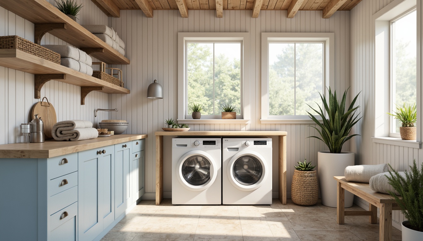 Prompt: Cozy laundry room, soft pastel colors, calming whites, creamy beiges, gentle blues, warm wood accents, natural stone floors, modern washing machines, sleek metal countertops, rustic wooden shelves, woven baskets, fluffy towels, fresh flowers, soft diffused lighting, shallow depth of field, 1/1 composition, realistic textures, ambient occlusion.