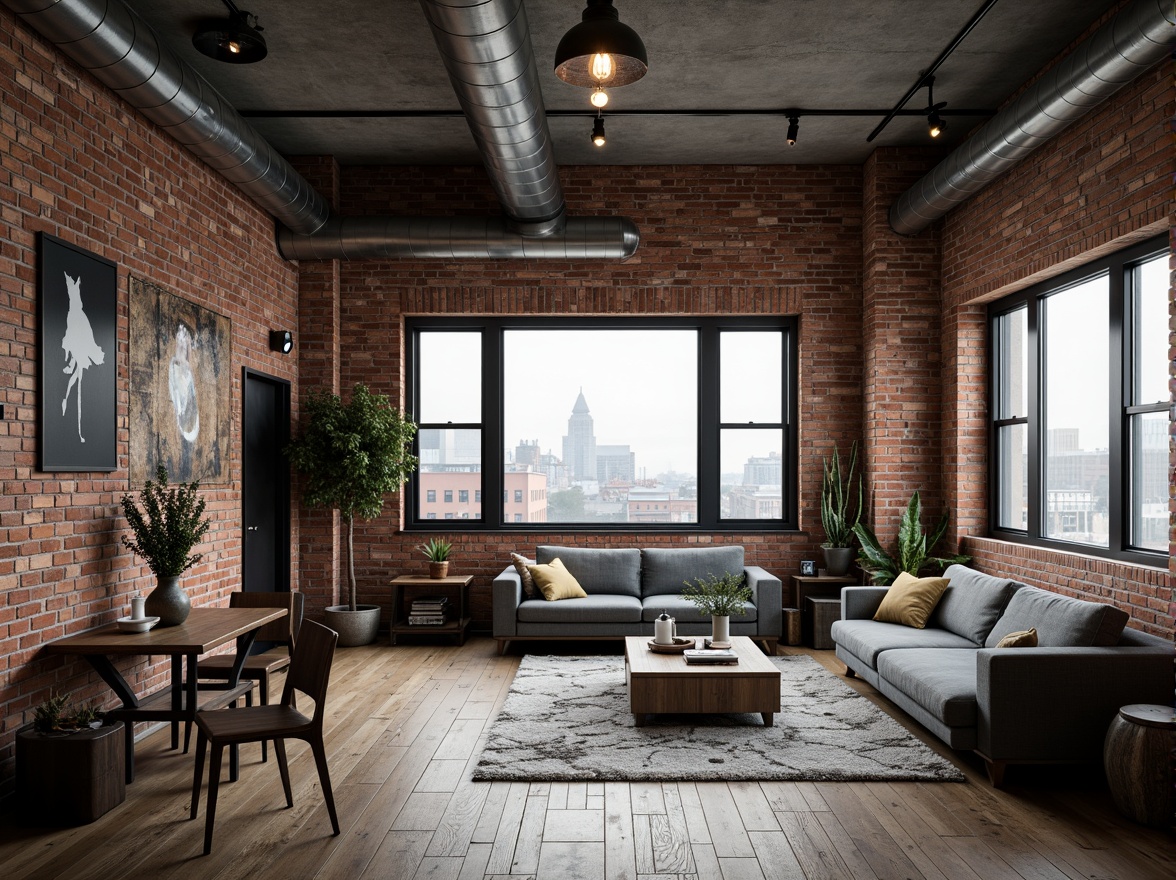 Prompt: Exposed brick walls, metal beams, reclaimed wood flooring, industrial-style lighting fixtures, urban loft atmosphere, distressed finishes, vintage decorative items, metallic accents, Edison bulbs, concrete ceilings, modern minimalist furniture, monochromatic color scheme, urban cityscape views, cloudy day, soft natural lighting, shallow depth of field, 1/1 composition, realistic textures, ambient occlusion.