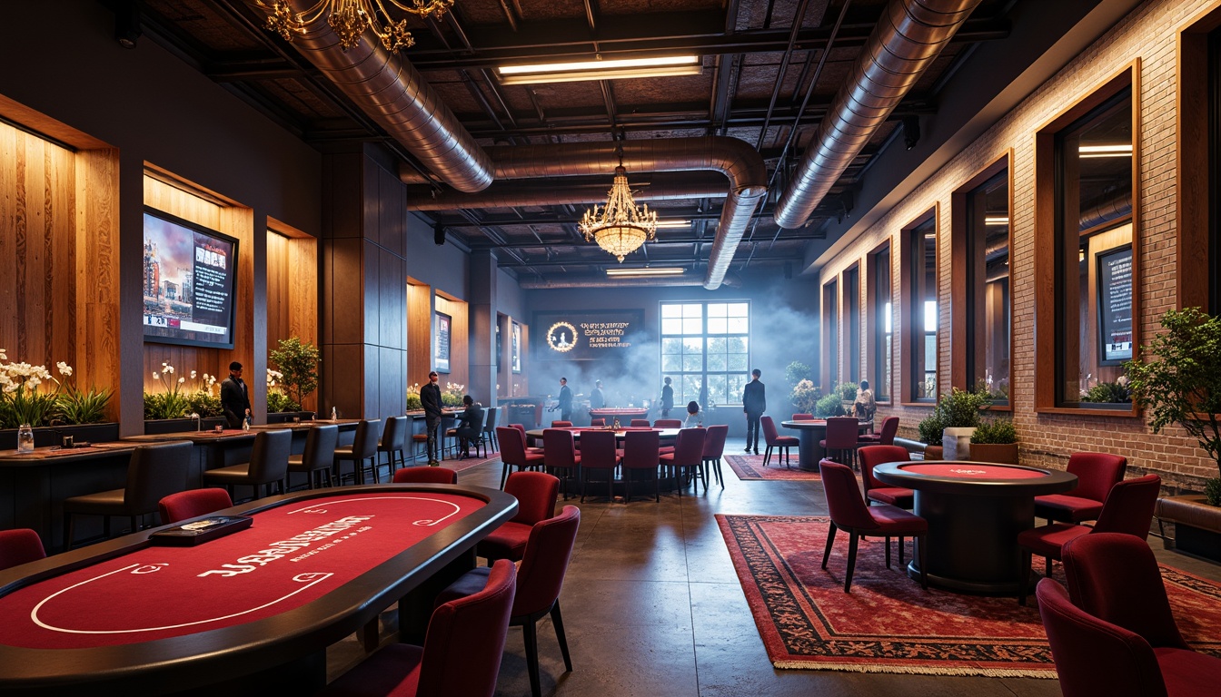 Prompt: Luxurious casino interior, industrial chic aesthetic, reclaimed wood accents, metallic fixtures, velvet upholstery, rich jewel tones, ornate chandeliers, high-stakes poker tables, sleek blackjack counters, lavish lounge seating, polished concrete floors, exposed brick walls, dramatic LED lighting, fog machine ambiance, cinematic color grading, 1-point perspective composition, low-angle shot, cinematic depth of field.