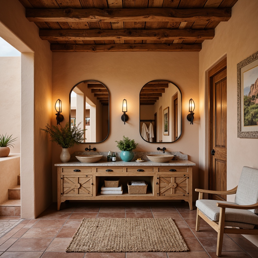 Prompt: Southwestern bathroom, warm earthy tones, natural wood cabinetry, rustic wooden vanities, distressed finishes, ornate metal hardware, turquoise accents, desert-inspired patterns, woven textiles, rattan furniture, clay tile flooring, stucco walls, adobe-style architecture, soft warm lighting, shallow depth of field, 3/4 composition, panoramic view, realistic textures, ambient occlusion.