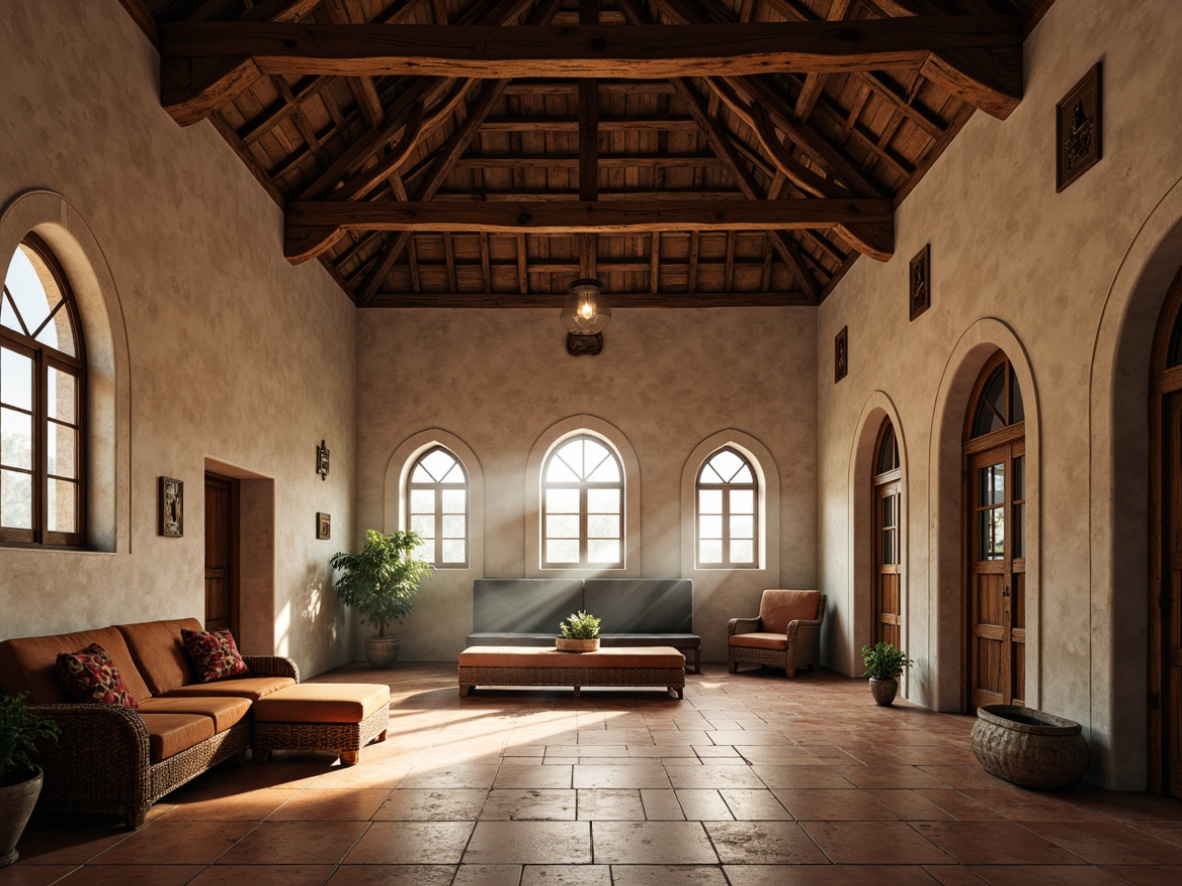 Prompt: Vaulted ceilings, rustic wooden beams, stone walls, minimalist decor, natural light pouring through stained glass windows, warm earthy tones, terracotta floors, hand-hewn furniture, distressed wood accents, ornate metalwork, arched doorways, prayer hall ambiance, soft warm lighting, subtle texture variations, atmospheric misting, 1/1 composition, symmetrical framing, muted color palette, aged leather upholstery, woven textiles, sacred symbols, abstract artwork, contemplative atmosphere.