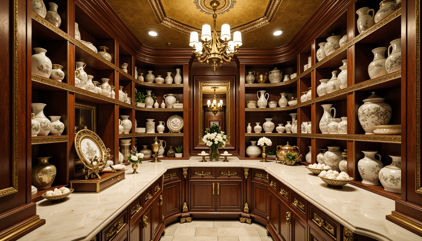 Prompt: Ornate pantry, golden gilded accents, creamy marble countertops, intricately carved wooden cabinetry, ornamental metalwork, delicate porcelain vases, soft warm lighting, shallow depth of field, 3/4 composition, romantic Rococo style, lavish decorative patterns, rich velvet fabrics, distressed wood finishes, antique bronze hardware, elegant curved lines, refined ornateness, opulent crystal chandeliers, lavish flower arrangements, vintage apothecary jars.