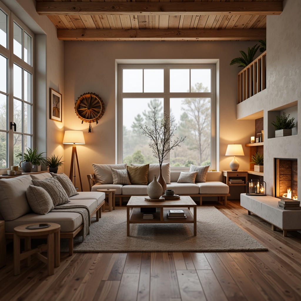 Prompt: Cozy Scandinavian living room, warm wooden floors, minimalist decor, soft warm lighting, table lamps, floor lamps, pendant lights, candles, natural textiles, woven baskets, light-colored walls, large windows, minimal ornamentation, subtle color palette, Nordic-inspired furniture, sleek lines, functional simplicity, daylight harvesting, energy-efficient solutions, LED strips, recessed lighting, ambient glow, 1/1 composition, shallow depth of field, realistic textures.