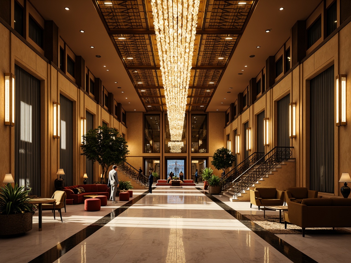 Prompt: Luxurious hotel lobby, ornate chandeliers, polished marble floors, metallic accents, geometric patterns, lavish furnishings, opulent curtains, warm golden lighting, soft glowing sconces, dramatic ceiling fixtures, high-contrast shadows, symmetrical composition, cinematic atmosphere, sophisticated ambiance, elegant staircases, grand entrances, flapper-inspired decor, vintage flair, rich textures, bold color schemes, lavish ornamentation.