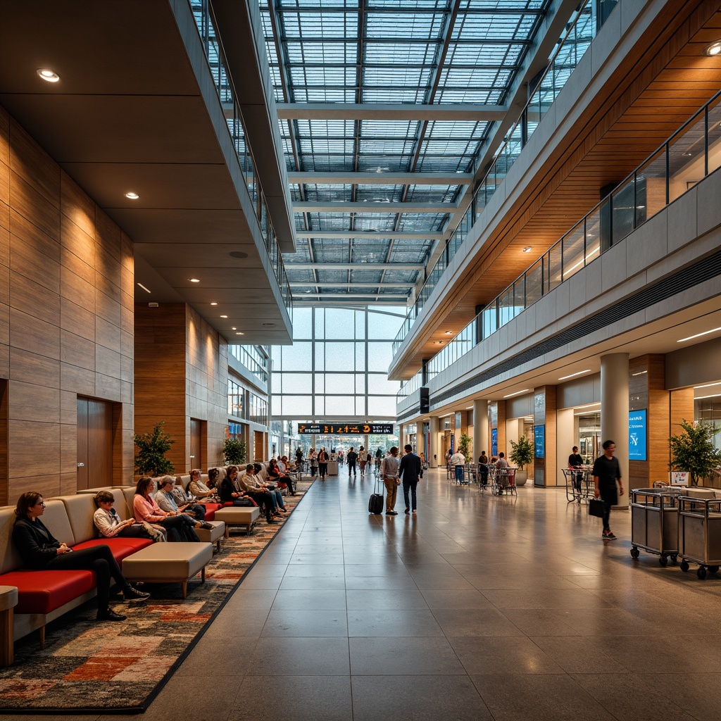 Prompt: Airport terminal interior, modern architecture, textured walls, natural stone finishes, wooden accents, stainless steel fixtures, sleek glass railings, comfortable seating areas, vibrant color schemes, ambient lighting, shallow depth of field, 1/1 composition, realistic reflections, warm atmospheric mood, bustling atmosphere, busy travelers, luggage carts, airport signs, information displays, departure boards, soft warm lighting, panoramic view.