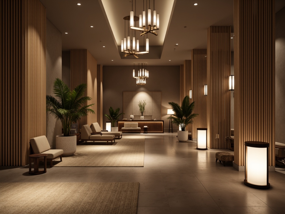 Prompt: Understated hotel lobby, sleek modern chandeliers, floor lamps with slim profiles, recessed ceiling lights, subtle ambient glow, polished chrome accents, minimalist decor, neutral color palette, natural textiles, luxurious simplicity, soft warm illumination, 1/1 composition, shallow depth of field, realistic reflections, atmospheric lighting effects.