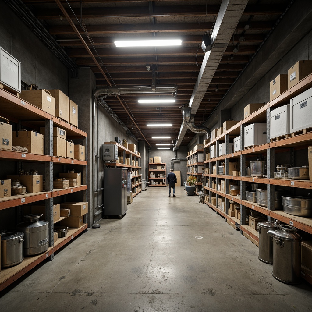 Prompt: Industrial storage room, exposed pipes, metal beams, concrete flooring, urban loft style, minimalist decor, functional lighting, raw unfinished walls, reclaimed wood accents, mechanical equipment, industrial-style shelving units, metallic storage containers, distressed textures, dim ambient lighting, low-key color palette, 3/4 composition, symmetrical framing, realistic renderings.