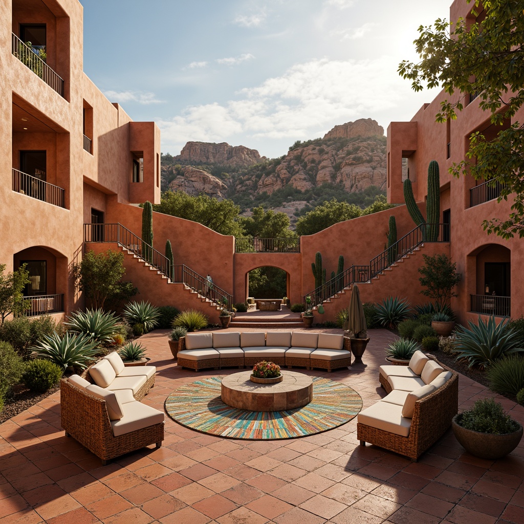 Prompt: Southwestern amphitheater, adobe brick architecture, curved staircases, ornate iron railings, vibrant turquoise accents, rustic wooden benches, earthy terracotta flooring, lush greenery, cactus plants, succulent arrangements, colorful ceramic tiles, geometric patterned textiles, woven wicker furniture, warm golden lighting, soft shadows, dramatic sunsets, 1/1 composition, cinematic view, realistic rock formations.