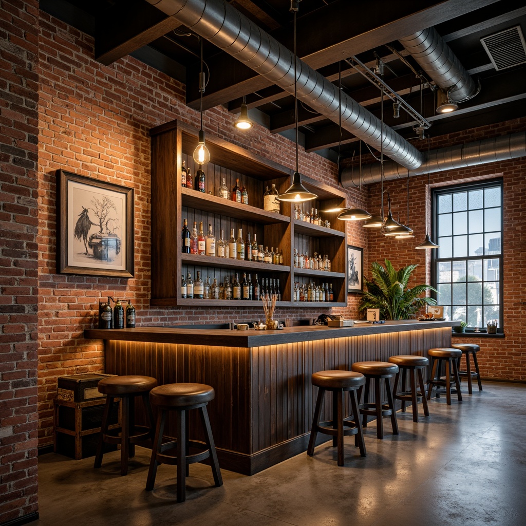 Prompt: Exposed brick walls, metal beams, reclaimed wood accents, industrial-style bar, dimmable pendant lights, Edison bulbs, metal shade fixtures, rustic wooden crates, vintage factory lamps, distressed leather stools, polished concrete floors, urban loft atmosphere, warm ambient lighting, low-key backlighting, 1/1 composition, realistic textures, soft focus effect.