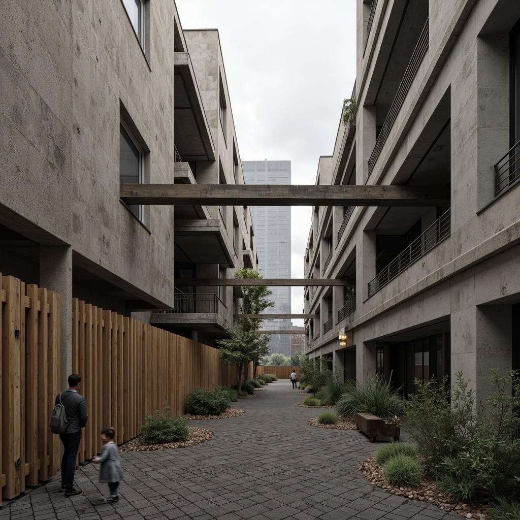 Prompt: Rugged brutalist architecture, exposed concrete structures, natural stone walls, reclaimed wood accents, earthy color palette, industrial metal beams, minimalist ornamentation, functional simplicity, urban cityscape, overcast sky, dramatic shadows, high-contrast lighting, 1/1 composition, symmetrical framing, gritty textures, atmospheric fog.