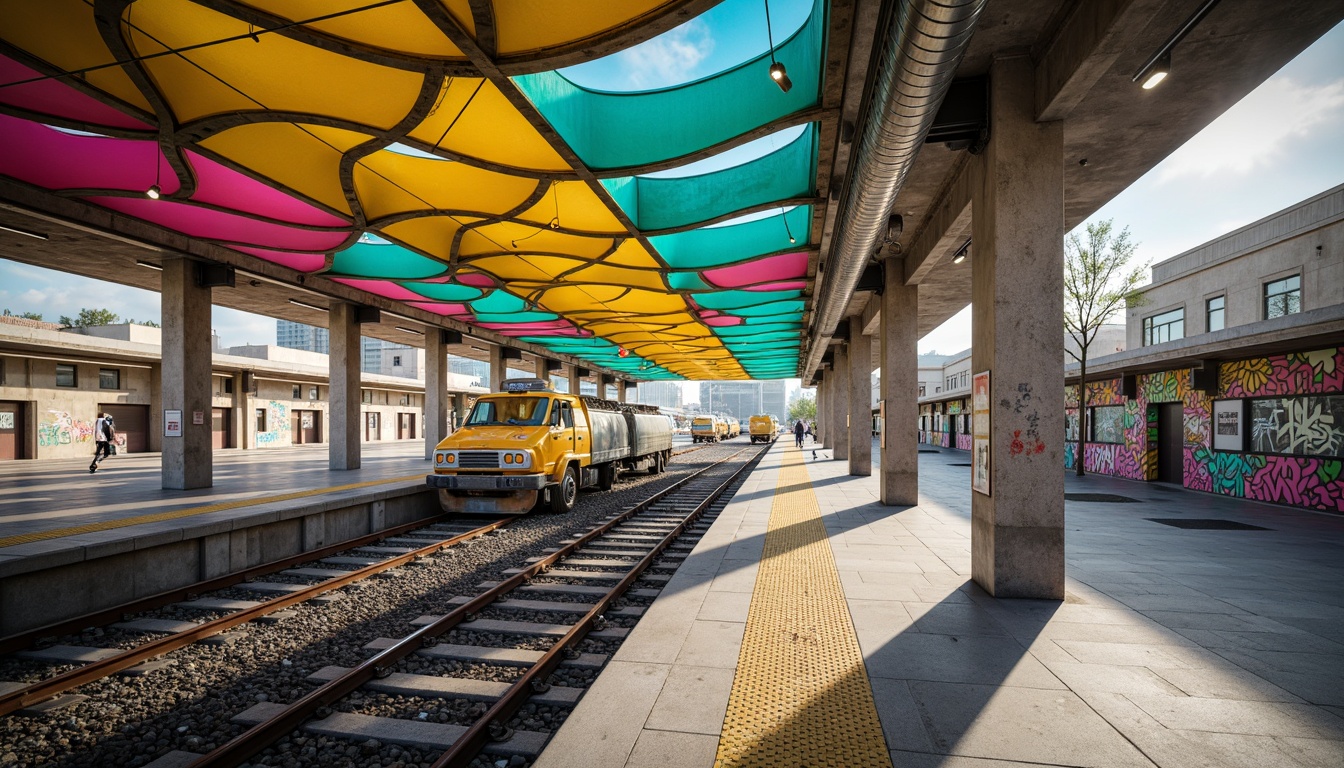 Prompt: Vibrant train station, postmodernism style, eclectic color palette, bold geometric shapes, metallic accents, neon lights, urban landscape, bustling atmosphere, concrete structures, exposed ductwork, industrial chic, distressed textures, graffiti walls, retro-futuristic vibe, dynamic angular lines, abstract patterns, bright pops of color, turquoise, yellow, pink, orange, blue, green, warm beige, cool gray, glossy finishes, matte contrasts, high-contrast lighting, dramatic shadows, urban jungle, busy streets, modern cityscape.