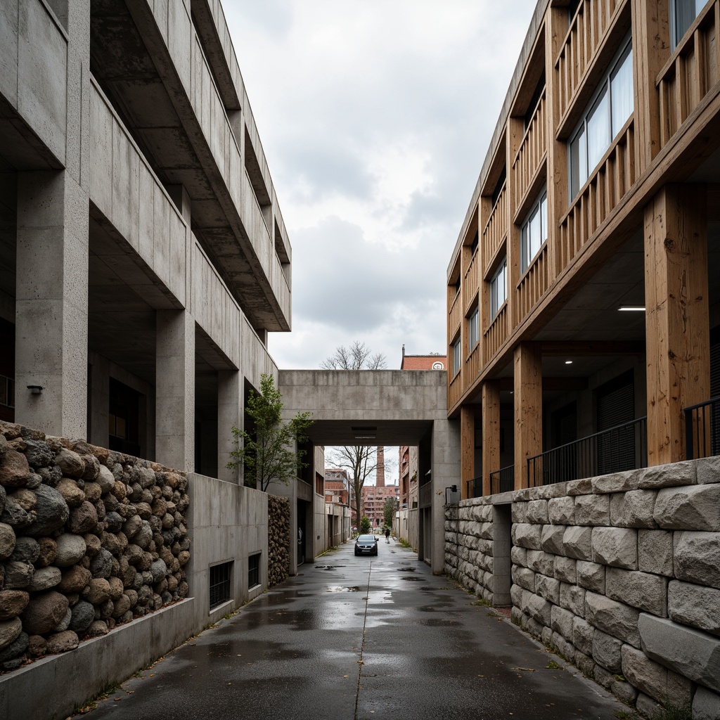 Prompt: Rugged brutalist architecture, exposed concrete structures, raw natural materials, rough-hewn stone walls, reclaimed wood accents, earthy color palette, industrial metal beams, minimalist ornamentation, functional simplicity, urban cityscape, overcast skies, dramatic shadows, high-contrast lighting, 1/1 composition, symmetrical framing, realistic textures, ambient occlusion.