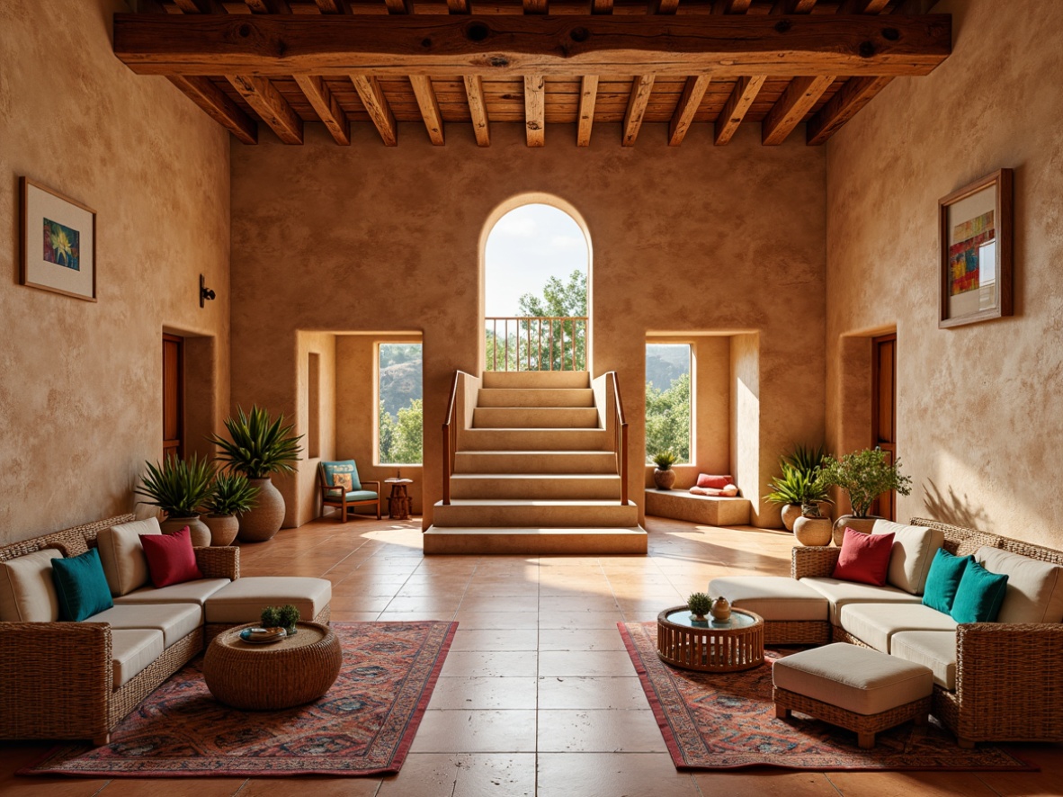 Prompt: Earthy tone amphitheater, natural stone walls, warm terracotta floors, vibrant turquoise accents, soft beige furnishings, woven wicker furniture, rustic wooden beams, colorful Navajo-inspired patterns, geometric textiles, plush area rugs, cozy throw blankets, warm golden lighting, dramatic arches, grand staircase, panoramic views, 1/2 composition, shallow depth of field, realistic textures.