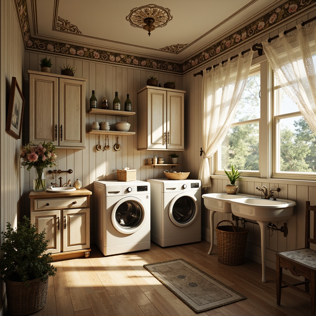 Prompt: Intricate Victorian-style laundry room, ornate decorative moldings, floral patterns, soft pastel colors, vintage washing machines, distressed wooden cabinets, rustic metal fixtures, delicate lace curtains, porcelain sink basins, antique faucets, warm beige walls, polished wooden floors, natural light pouring in, shallow depth of field, 1/1 composition, realistic textures, ambient occlusion.