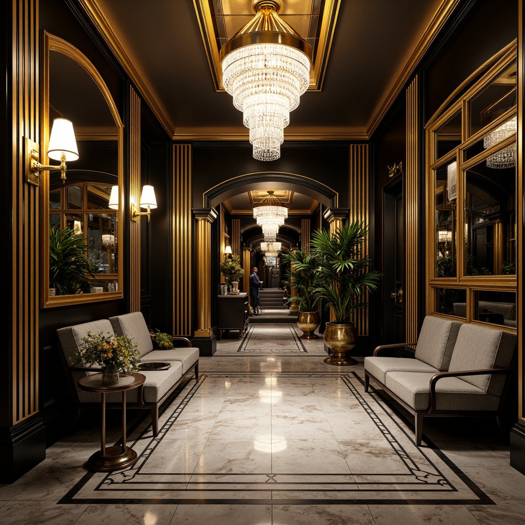 Prompt: Luxurious entrance hall, Art Deco style mudroom, geometric patterns, metallic accents, bold black and gold color scheme, ornate mirrors, crystal chandeliers, marble flooring, velvet upholstery, rounded archways, sleek metal railings, opulent textiles, dramatic lighting, 3/4 composition, shallow depth of field, warm golden illumination, realistic reflections, ambient occlusion.