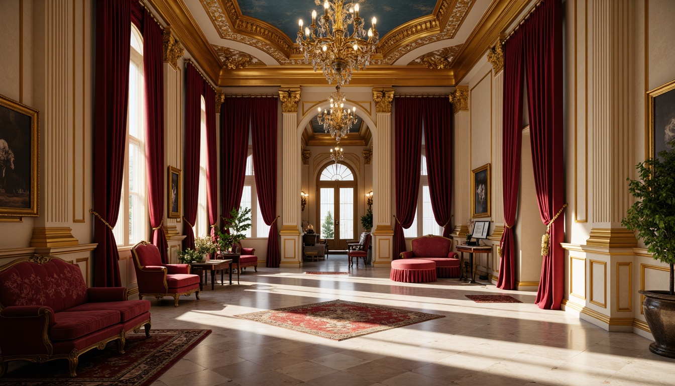 Prompt: Luxurious baroque interior, rich velvet fabrics, ornate gold accents, grand crystal chandeliers, intricate wooden carvings, lavish marble floors, warm beige walls, deep crimson reds, regal blues, golden yellows, soft cream whites, dramatic shadow lighting, 3/4 composition, shallow depth of field, realistic textures, ambient occlusion.