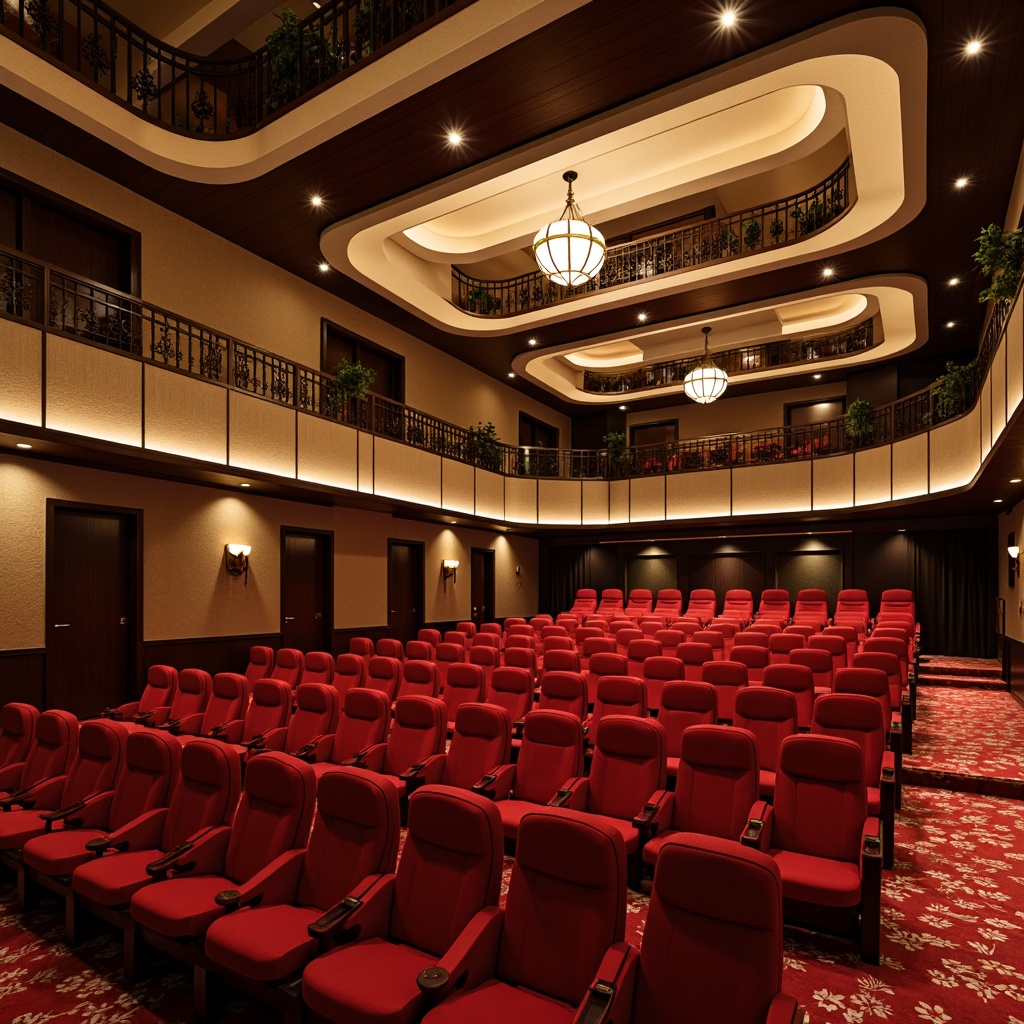 Prompt: Luxurious theater interior, premium acoustic panels, sound-absorbing materials, dark wood trim, plush velvet seats, golden accents, sophisticated lighting system, dimmable LED lights, ambient spotlights, curved ceiling design, optimal sound reflection, precise speaker placement, minimalist decor, rich red carpeting, ornate balconies, grand chandelier, warm beige walls, cinematic atmosphere, shallow depth of field, 1/2 composition, soft focus, realistic textures.