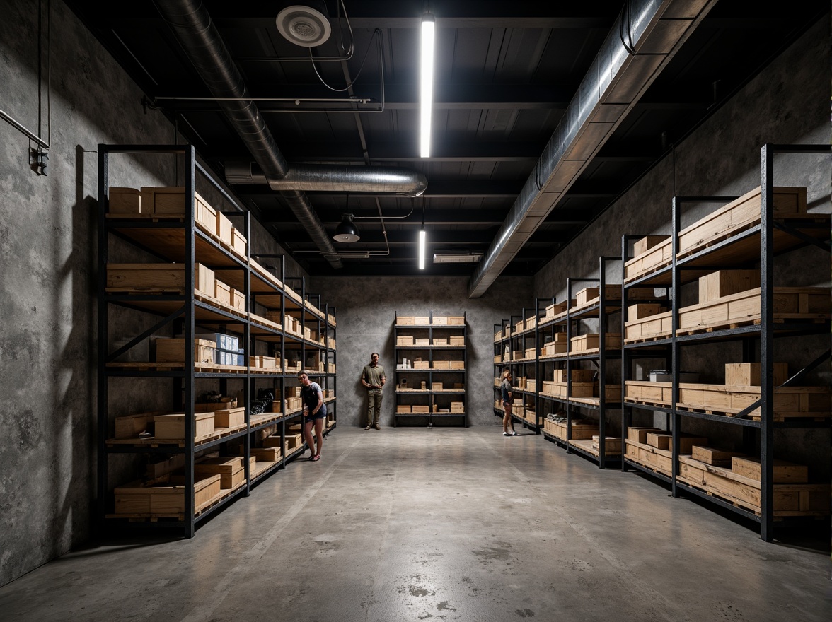 Prompt: Industrial storage room, metal shelving units, wooden crates, dimmable LED strip lights, exposed ductwork, concrete floors, urban loft atmosphere, functional task lighting, overhead pendant lamps, matte black finishes, minimalist decor, raw industrial textures, dramatic shadowing, high contrast ratio, 1/2 composition, softbox lighting effect.