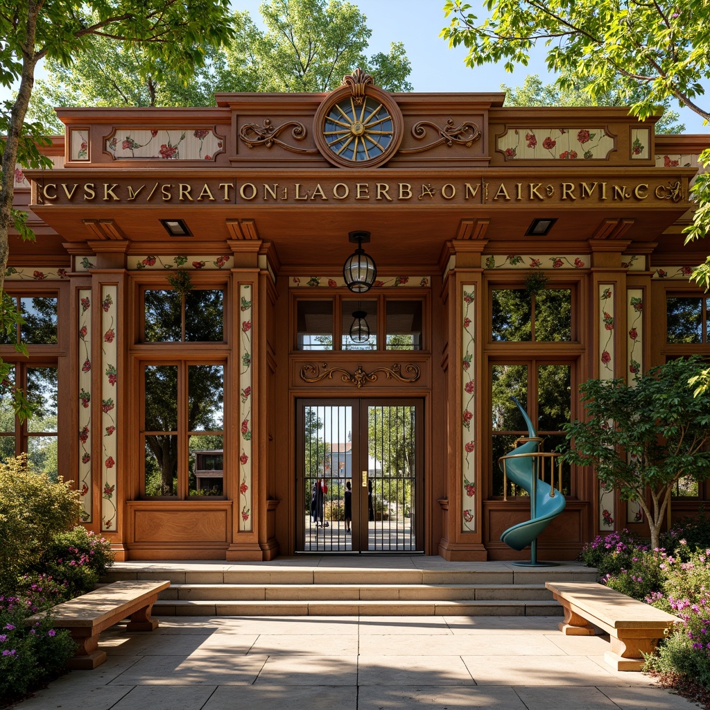 Prompt: Richly ornamented kindergarten facade, intricate wooden trim, vibrant flower-patterned wallpaper, whimsical playground equipment, ornate iron gates, curved climbing frames, decorative sandboxes, antique-inspired benches, educational signage with golden lettering, polished wooden floors, stained glass windows, warm soft lighting, shallow depth of field, 3/4 composition, panoramic view, realistic textures, ambient occlusion, lush greenery, blooming flowers, sunny day.